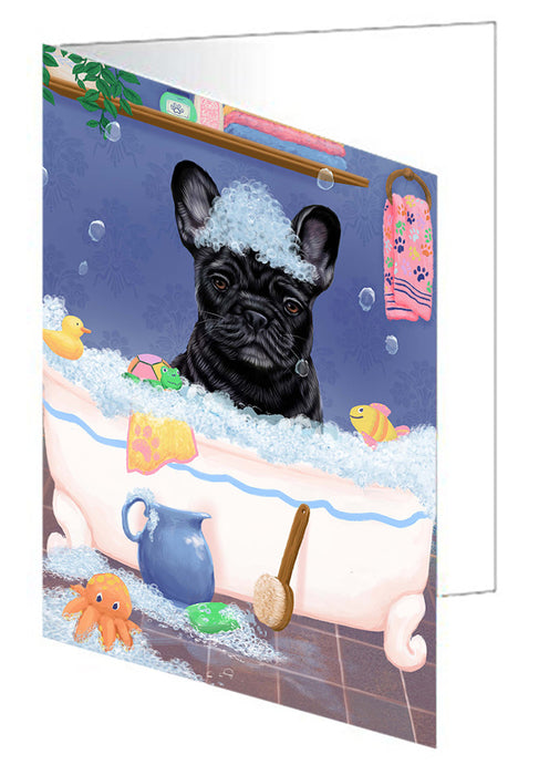 Rub A Dub Dog In A Tub French Bulldog Handmade Artwork Assorted Pets Greeting Cards and Note Cards with Envelopes for All Occasions and Holiday Seasons GCD79415