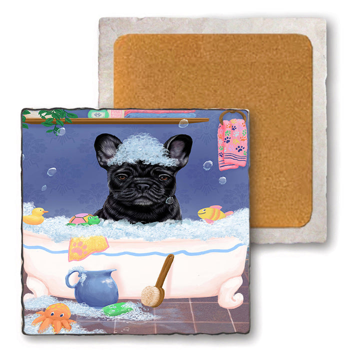 Rub A Dub Dog In A Tub French Bulldog Set of 4 Natural Stone Marble Tile Coasters MCST52367