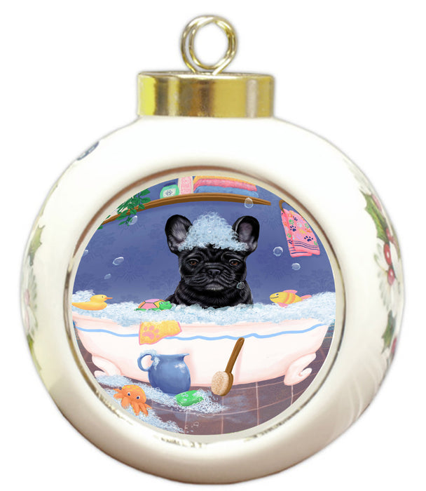 Rub A Dub Dog In A Tub French Bulldog Round Ball Christmas Ornament RBPOR58591