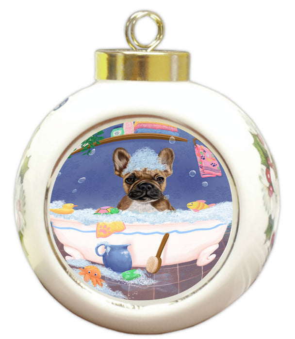 Rub A Dub Dog In A Tub French Bulldog Round Ball Christmas Ornament RBPOR58592