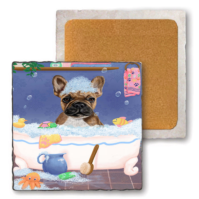Rub A Dub Dog In A Tub French Bulldog Set of 4 Natural Stone Marble Tile Coasters MCST52368