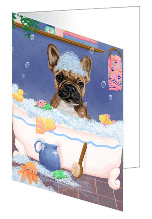 Rub A Dub Dog In A Tub French Bulldog Handmade Artwork Assorted Pets Greeting Cards and Note Cards with Envelopes for All Occasions and Holiday Seasons GCD79418