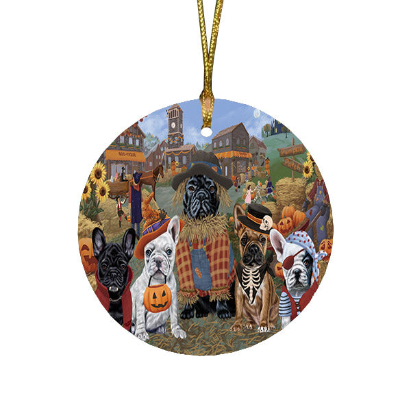 Halloween 'Round Town And Fall Pumpkin Scarecrow Both French BullDogs Round Flat Christmas Ornament RFPOR57399