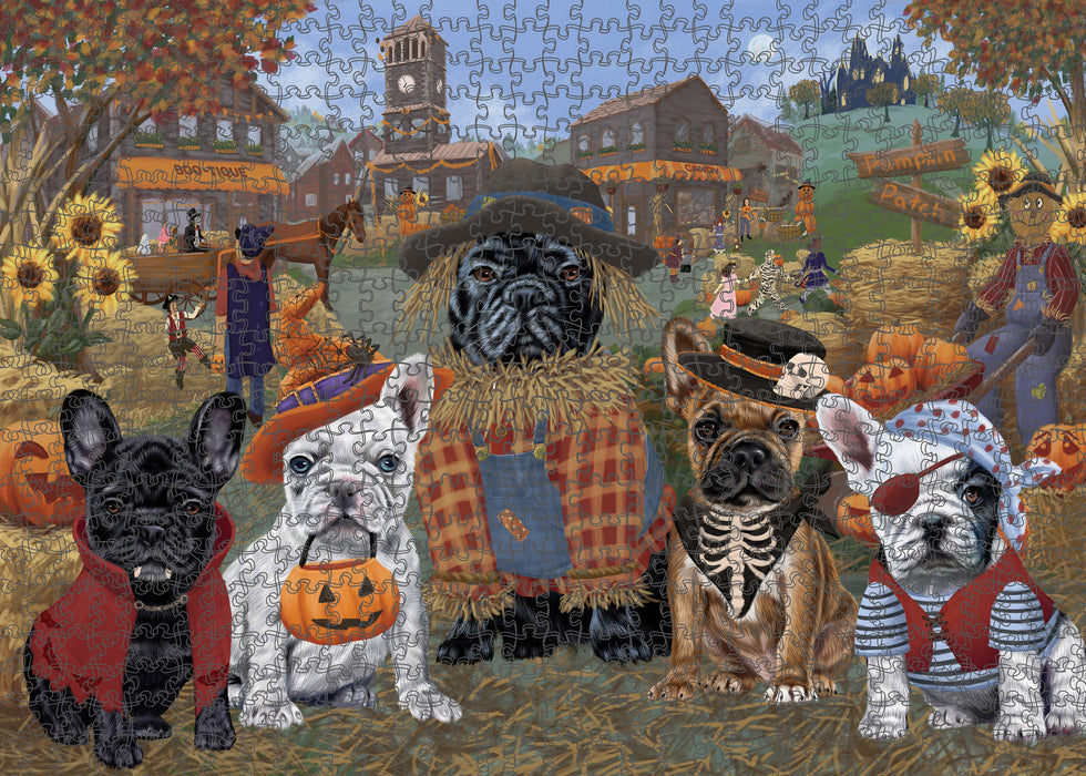 Halloween 'Round Town And Fall Pumpkin Scarecrow Both French BullDogs Puzzle with Photo Tin PUZL96288