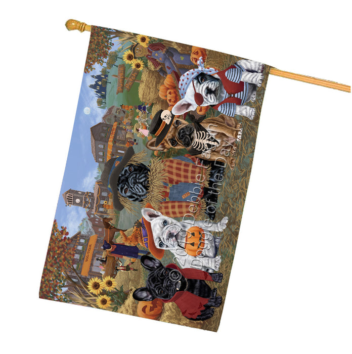 Halloween 'Round Town And Fall Pumpkin Scarecrow Both French BullDogs House Flag FLG65651