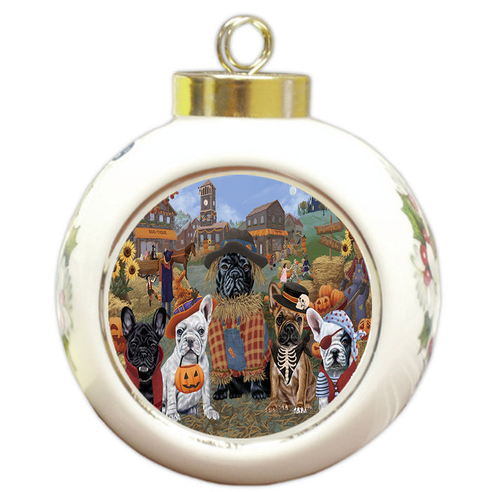 Halloween 'Round Town And Fall Pumpkin Scarecrow Both French BullDogs Round Ball Christmas Ornament RBPOR57399