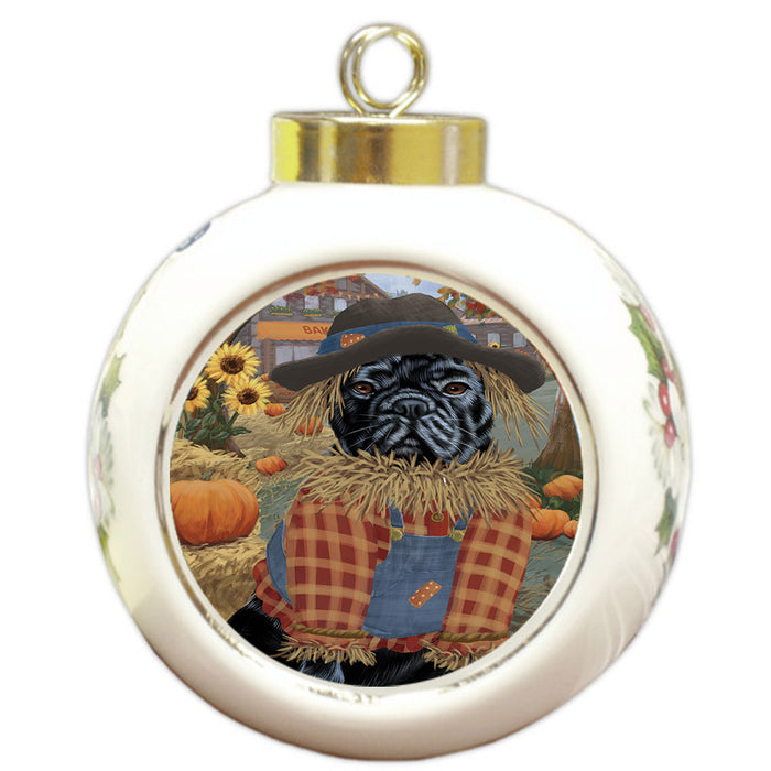 Halloween 'Round Town And Fall Pumpkin Scarecrow Both French BullDogs Round Ball Christmas Ornament RBPOR57461