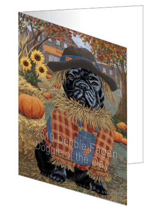 Fall Pumpkin Scarecrow French BullDog Handmade Artwork Assorted Pets Greeting Cards and Note Cards with Envelopes for All Occasions and Holiday Seasons GCD78017