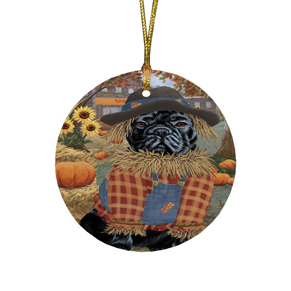 Halloween 'Round Town And Fall Pumpkin Scarecrow Both French BullDogs Round Flat Christmas Ornament RFPOR57461