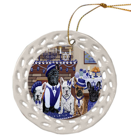 Happy Hanukkah Family French Bulldogs Ceramic Doily Ornament DPOR57618
