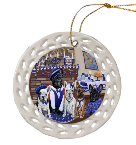 Happy Hanukkah Family French Bulldogs Doily Ornament DPOR57976