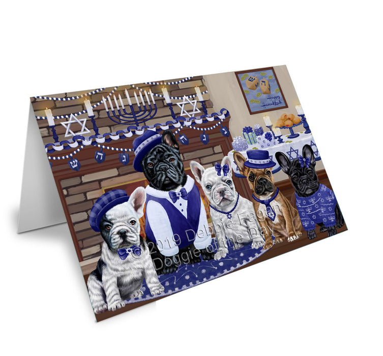 Happy Hanukkah Family French Bulldogs Handmade Artwork Assorted Pets Greeting Cards and Note Cards with Envelopes for All Occasions and Holiday Seasons GCD78200