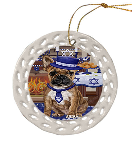 Happy Hanukkah French Bulldog Ceramic Doily Ornament DPOR57674