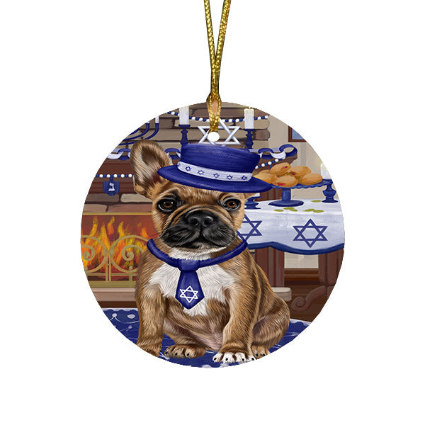 Happy Hanukkah Family and Happy Hanukkah Both French Bulldog Round Flat Christmas Ornament RFPOR57578