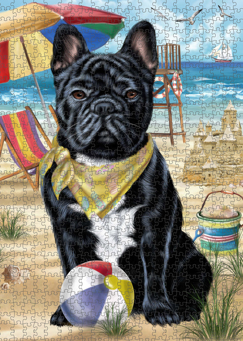 Pet Friendly Beach French Bulldog Dog Portrait Jigsaw Puzzle for Adults Animal Interlocking Puzzle Game Unique Gift for Dog Lover's with Metal Tin Box PZL445