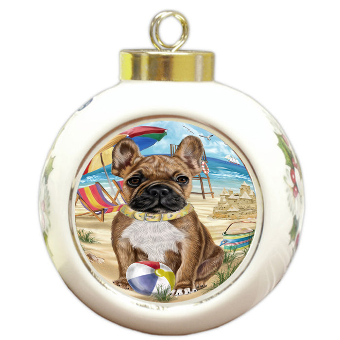 Pet Friendly Beach French Bulldog Dog Round Ball Christmas Ornament Pet Decorative Hanging Ornaments for Christmas X-mas Tree Decorations - 3" Round Ceramic Ornament, RBPOR59399