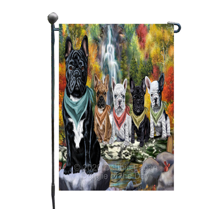 Scenic Waterfall French Bulldogs Garden Flags Outdoor Decor for Homes and Gardens Double Sided Garden Yard Spring Decorative Vertical Home Flags Garden Porch Lawn Flag for Decorations