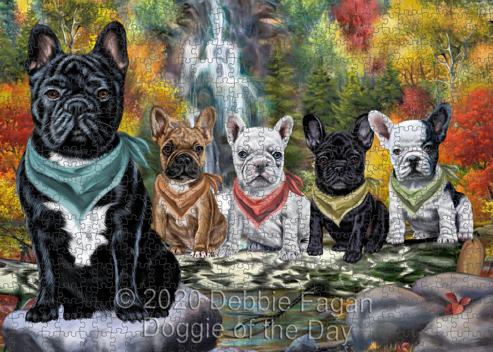 Scenic Waterfall French Bulldogs Portrait Jigsaw Puzzle for Adults Animal Interlocking Puzzle Game Unique Gift for Dog Lover's with Metal Tin Box