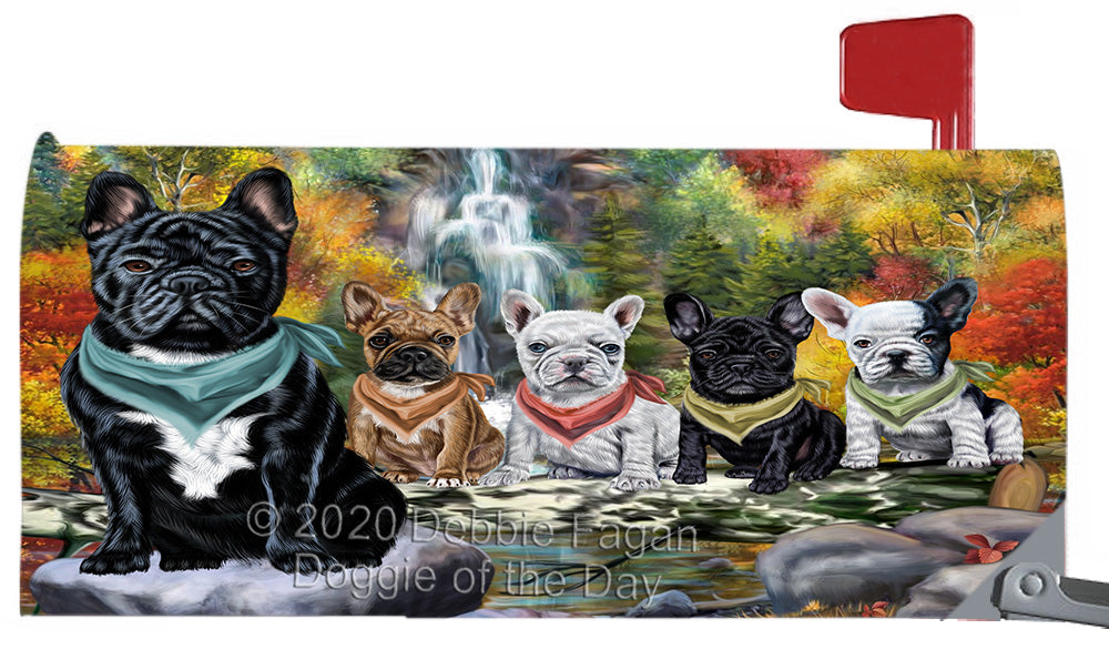 Scenic Waterfall French Bulldogs Magnetic Mailbox Cover Both Sides Pet Theme Printed Decorative Letter Box Wrap Case Postbox Thick Magnetic Vinyl Material