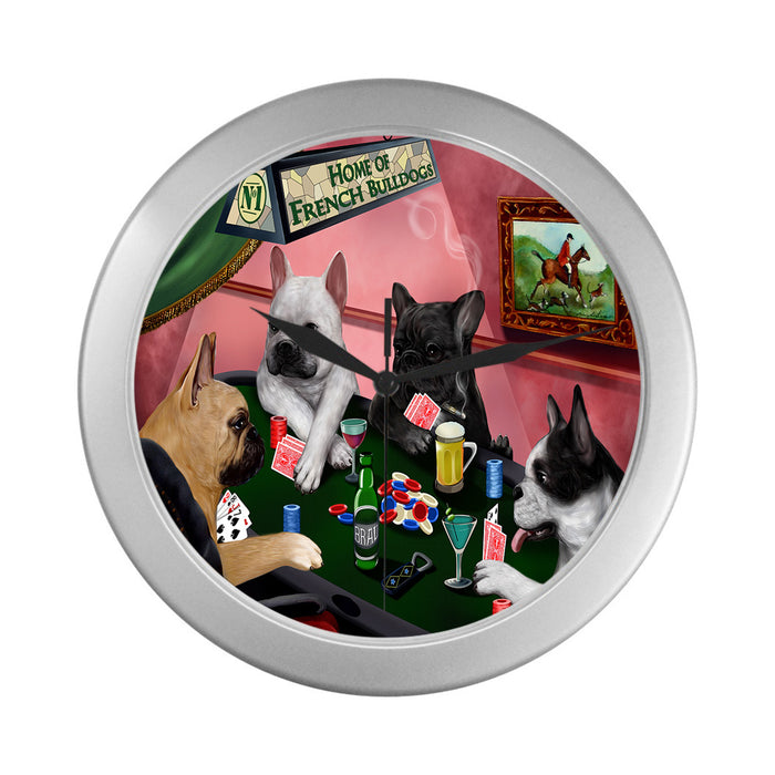 Home of French Bulldog Dogs Playing Poker Silver Wall Clocks
