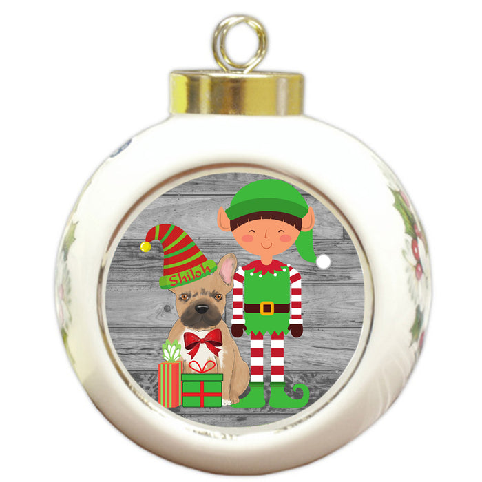 Custom Personalized French Bulldog Elfie and Presents Christmas Round Ball Ornament