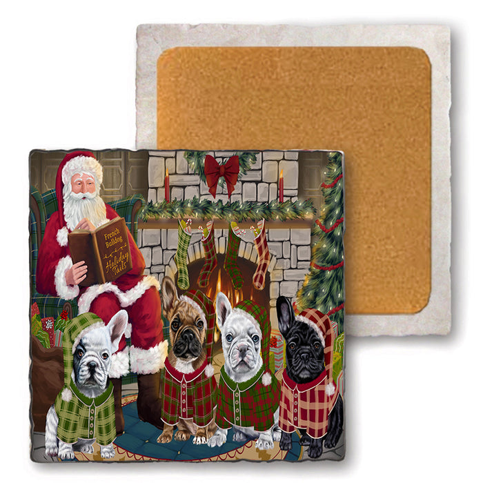 Christmas Cozy Holiday Tails French Bulldogs Set of 4 Natural Stone Marble Tile Coasters MCST50124