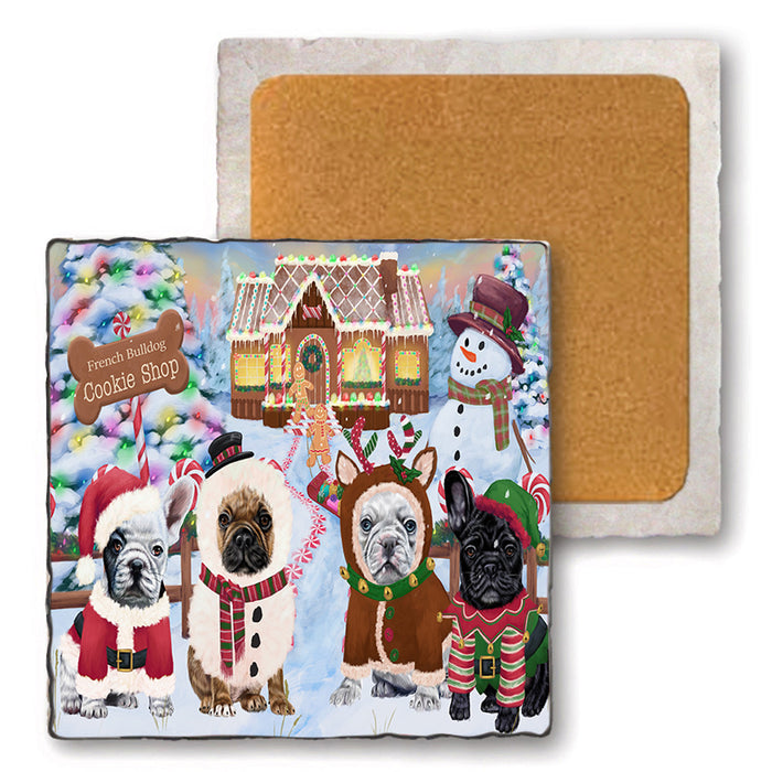 Holiday Gingerbread Cookie Shop French Bulldogs Set of 4 Natural Stone Marble Tile Coasters MCST51399