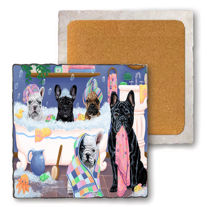 Rub A Dub Dogs In A Tub French Bulldogs Set of 4 Natural Stone Marble Tile Coasters MCST51788