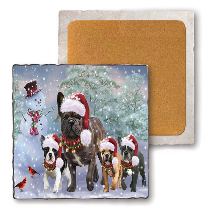 Christmas Running Family French Bulldogs Set of 4 Natural Stone Marble Tile Coasters MCST50469