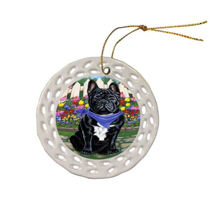 Spring Floral French Bulldog Ceramic Doily Ornament DPOR49873