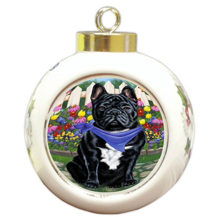Spring Floral French Bulldog Round Ball Christmas Ornament RBPOR49873