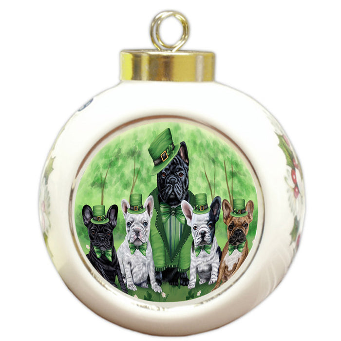 St. Patricks Day Irish Family Portrait French Bulldogs Round Ball Christmas Ornament RBPOR48799