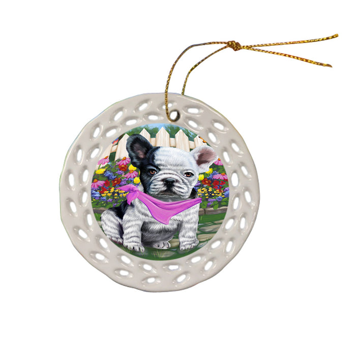Spring Floral French Bulldog Ceramic Doily Ornament DPOR49877