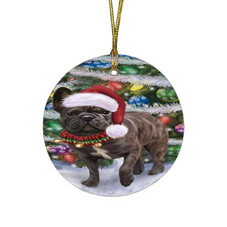 Trotting in the Snow French Bulldog Round Flat Christmas Ornament RFPOR55796