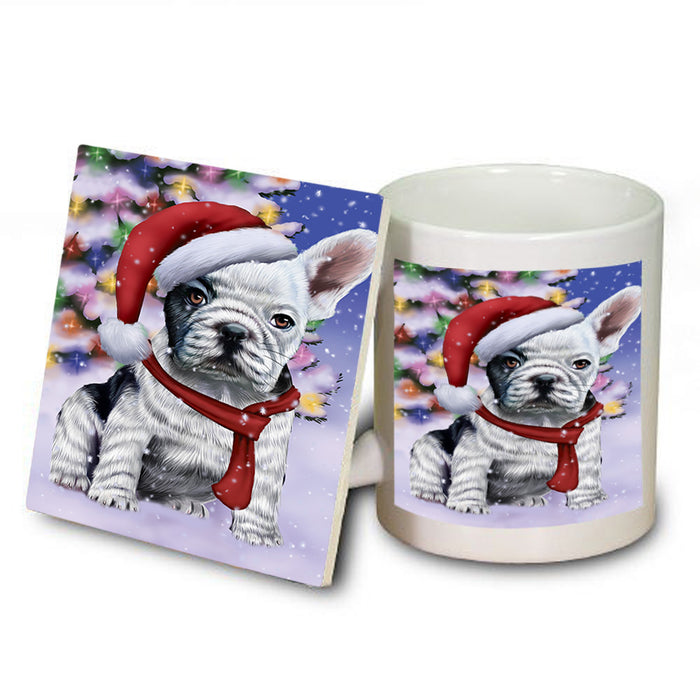 Winterland Wonderland French Bulldog In Christmas Holiday Scenic Background  Mug and Coaster Set MUC53382