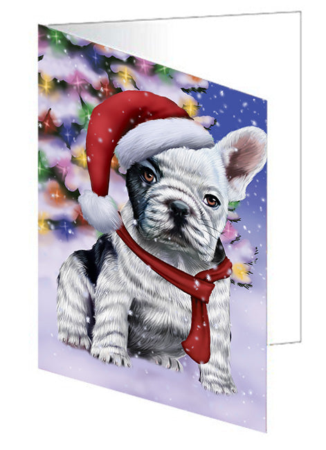 Winterland Wonderland French Bulldog In Christmas Holiday Scenic Background  Handmade Artwork Assorted Pets Greeting Cards and Note Cards with Envelopes for All Occasions and Holiday Seasons GCD64199