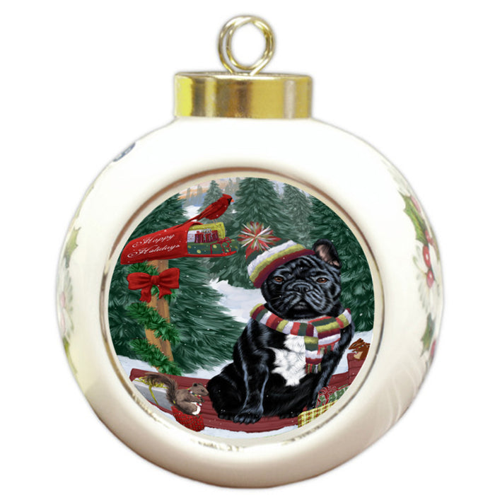 Merry Christmas Woodland Sled French Bulldog Round Ball Christmas Ornament RBPOR55283