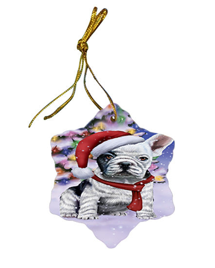 Winterland Wonderland French Bulldog In Christmas Holiday Scenic Background  Star Porcelain Ornament SPOR53381