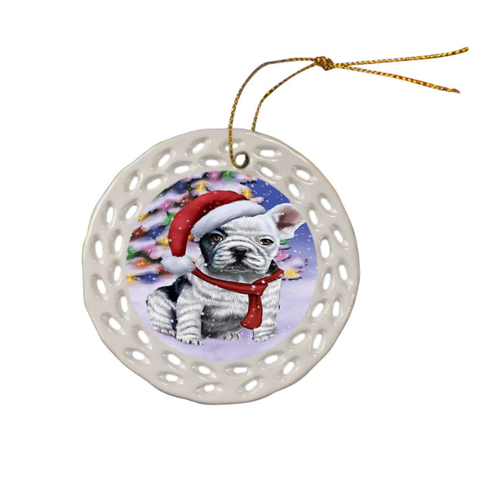 Winterland Wonderland French Bulldog In Christmas Holiday Scenic Background  Ceramic Doily Ornament DPOR53390