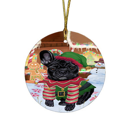 Christmas Gingerbread House Candyfest French Bulldog Round Flat Christmas Ornament RFPOR56686