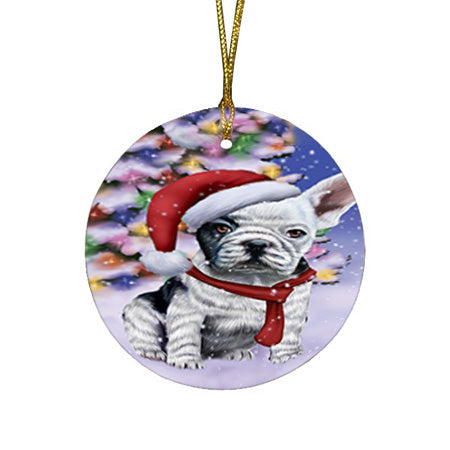 Winterland Wonderland French Bulldog In Christmas Holiday Scenic Background  Round Flat Christmas Ornament RFPOR53381