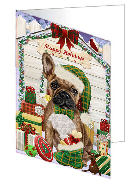Happy Holidays Christmas French Bulldog House with Presents Handmade Artwork Assorted Pets Greeting Cards and Note Cards with Envelopes for All Occasions and Holiday Seasons GCD58265