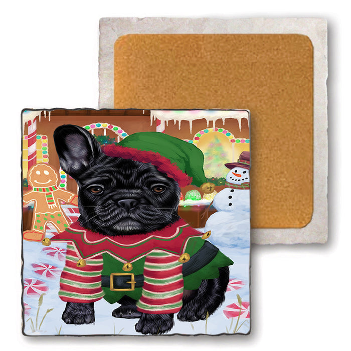 Christmas Gingerbread House Candyfest French Bulldog Set of 4 Natural Stone Marble Tile Coasters MCST51330