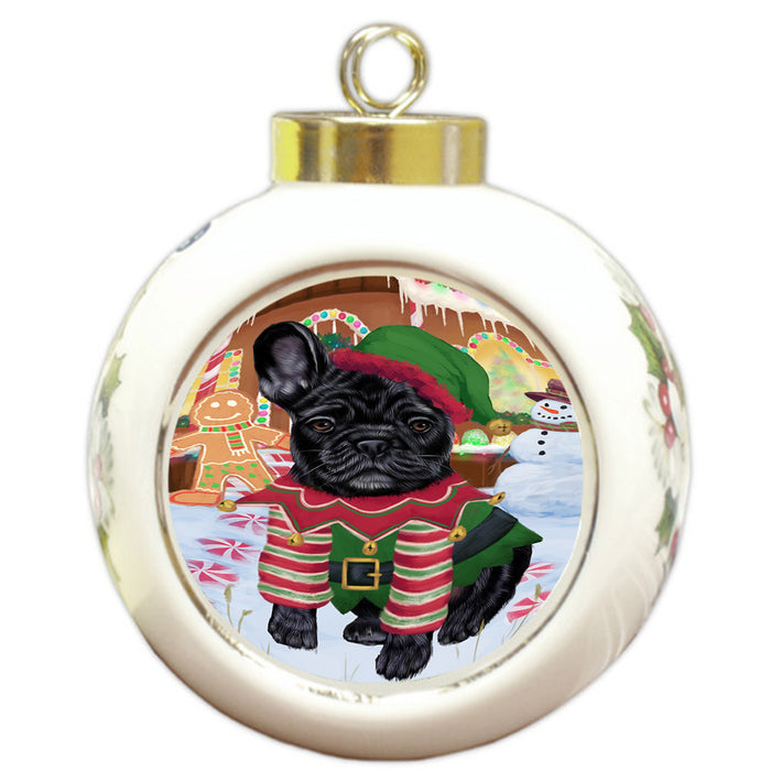 Christmas Gingerbread House Candyfest French Bulldog Round Ball Christmas Ornament RBPOR56686