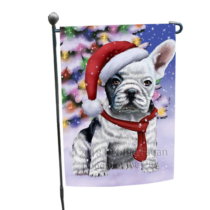 Winterland Wonderland French Bulldog In Christmas Holiday Scenic Background  Garden Flag GFLG53452