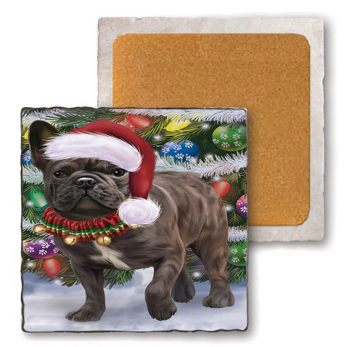 Trotting in the Snow French Bulldog Set of 4 Natural Stone Marble Tile Coasters MCST50440