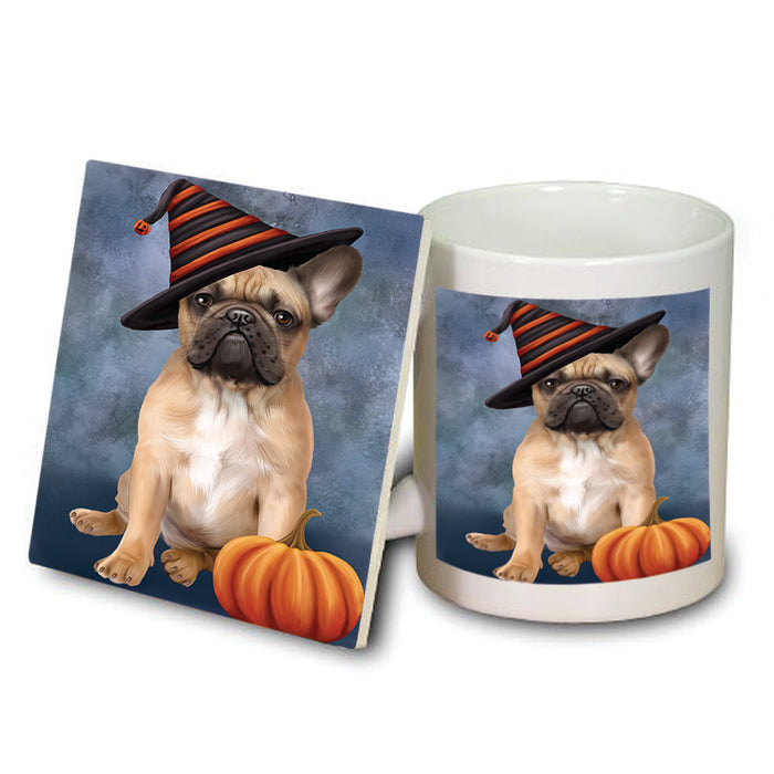 Happy Halloween French Bulldog Wearing Witch Hat with Pumpkin Mug and Coaster Set MUC54940
