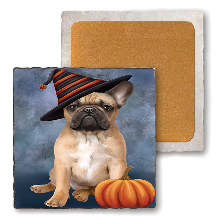 Happy Halloween French Bulldog Wearing Witch Hat with Pumpkin Set of 4 Natural Stone Marble Tile Coasters MCST49948