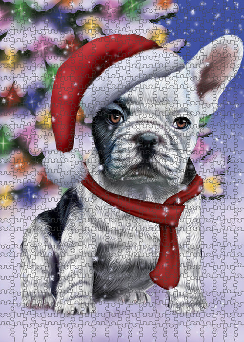 Winterland Wonderland French Bulldog In Christmas Holiday Scenic Background Puzzle with Photo Tin PUZL80716
