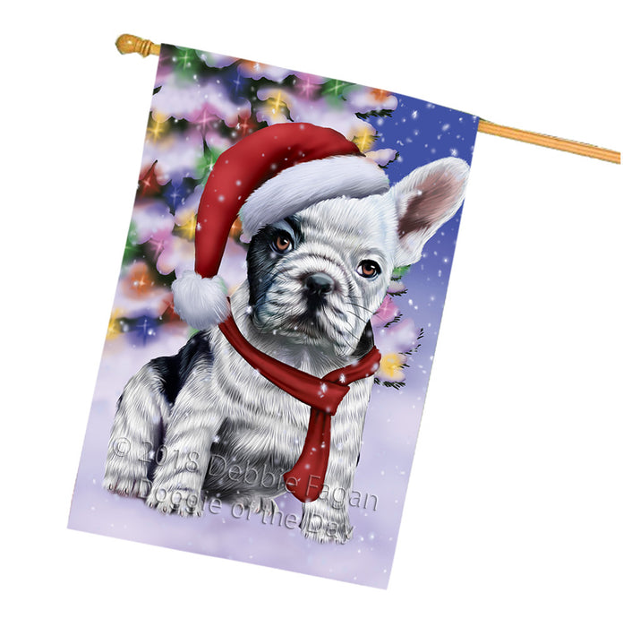 Winterland Wonderland French Bulldog In Christmas Holiday Scenic Background  House Flag FLG53588